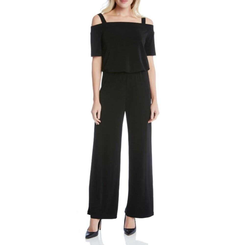 Karen Kane Black Jumpsuit XL Cold Shoulder Wide Leg Stretch USA Made